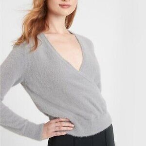 Banana Republic Grey Soft Fuzzy V-Neck Wrap Sweater Top
